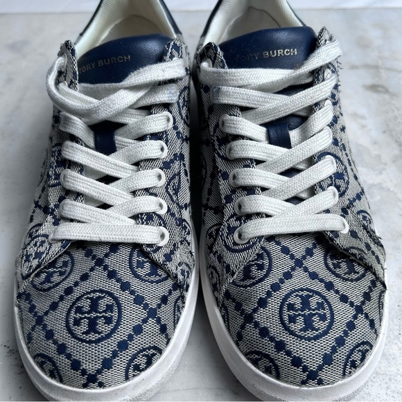 Tory Burch Blue and Cream Patterned Sneakers - Picture 2 of 14